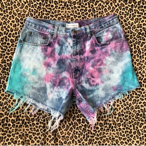 Vintage Jean Shorts Tie Dye Bleach Vapor Wave High Waisted Mom Rise 32” 90s Pink - Picture 5 of 8